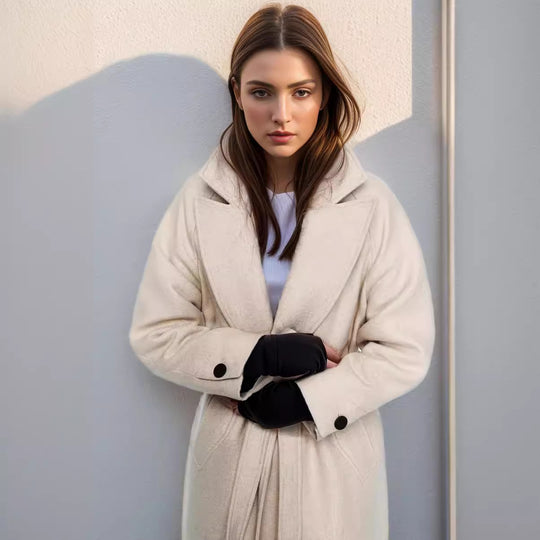 Damen eleganter Wollmantel mit Gürtel und weit geschnittenen Ärmeln EB