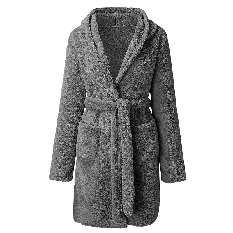 Damen Kuscheliger Fleece-Bademantel mit Kapuze und praktischen Taschen EB