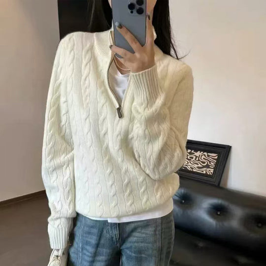 Herren eleganter Strickpullover mit halbem Reißverschluss und Zopfstrickmuster EB