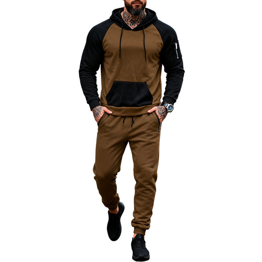 Herren nan zweiteiliges Kapuzen-Sweatset mit Raglanärmeln, Ärmel-Zip-Tasche und tapered Jogginghose EB