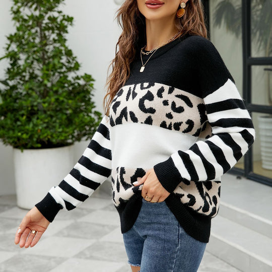 Damen modischer Pullover mit auffälligem Leopardenmuster und gestreiften Ärmeln EB