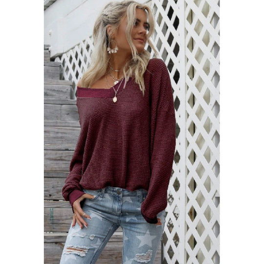 Damen Off‑Shoulder Waffelstrickpullover mit weitem Arm und elastischen Bündchen EB