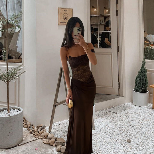 Damen Abendkleid mit schulterfreiem Spitzenoberteil und fließendem Rock EB