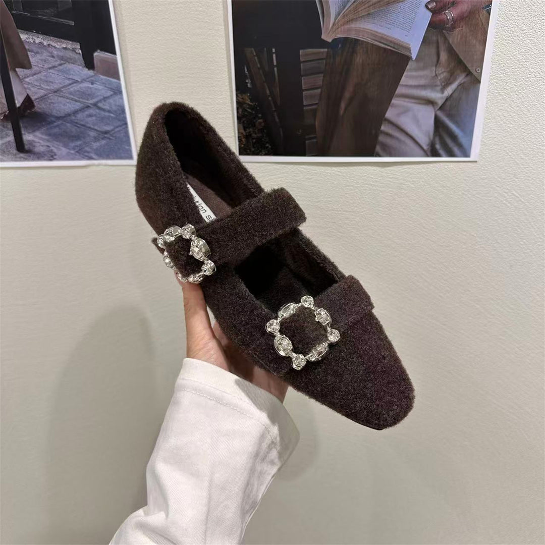 Damen elegante Filz-Mary Jane Schuhe mit schimmernden Schnallen EB