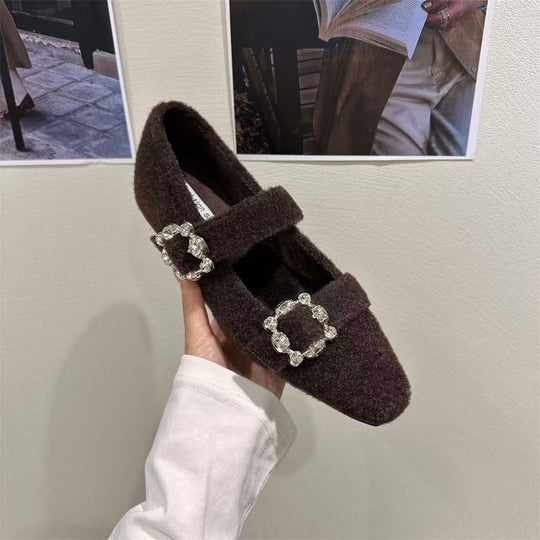 Damen elegante Filz-Mary Jane Schuhe mit schimmernden Schnallen EB