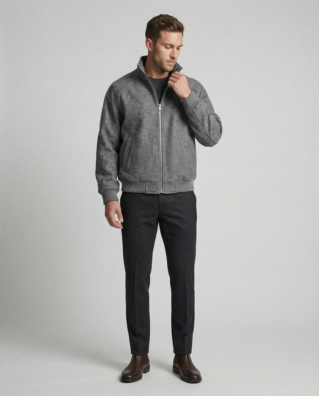 Herren kastig geschnittene Wollmix-Zipjacke mit Stehkragen Raglanärmeln und Rippbündchen EB