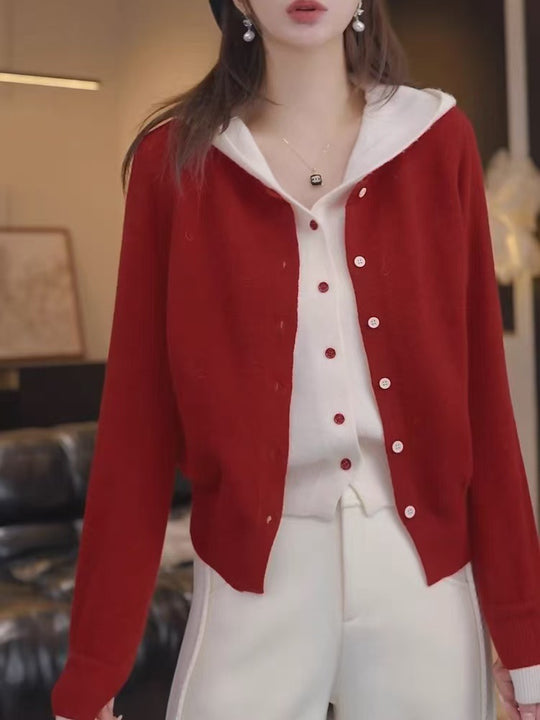 Damen Kuscheliger Cardigan mit Kapuze und Knopfdesign EB