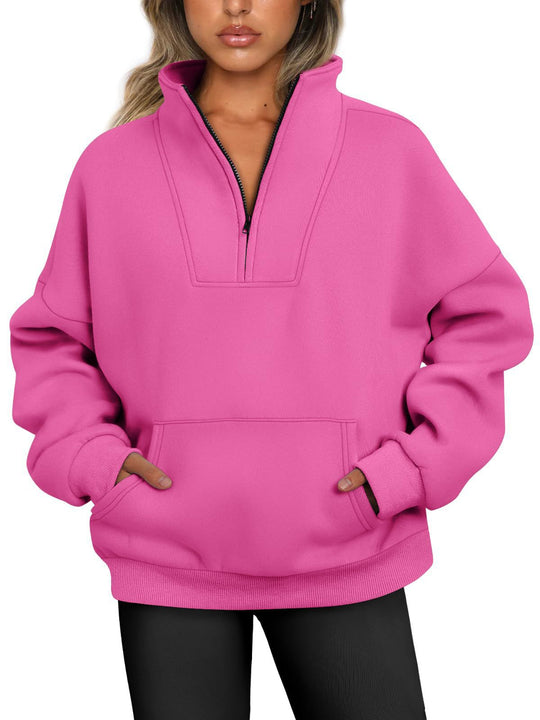 Damen nan oversized Halbzip-Hoodie mit hohem Stehkragen, Kängurutasche und gerippten Bündchen EB