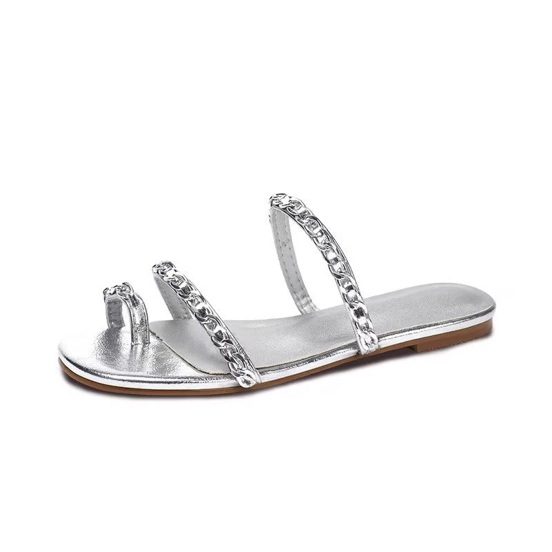 Damen elegante Pantoletten mit goldverziertem Kettendetail EB