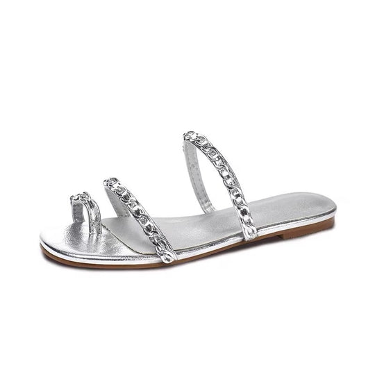 Damen elegante Pantoletten mit goldverziertem Kettendetail EB