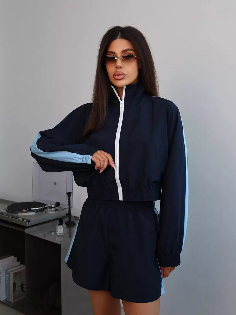 Damen sportliches Windbreaker-Set mit elastischem Bund und stylischen Kontraststreifen EB