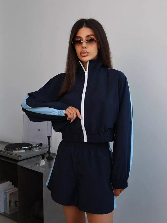 Damen sportliches Windbreaker-Set mit elastischem Bund und stylischen Kontraststreifen EB