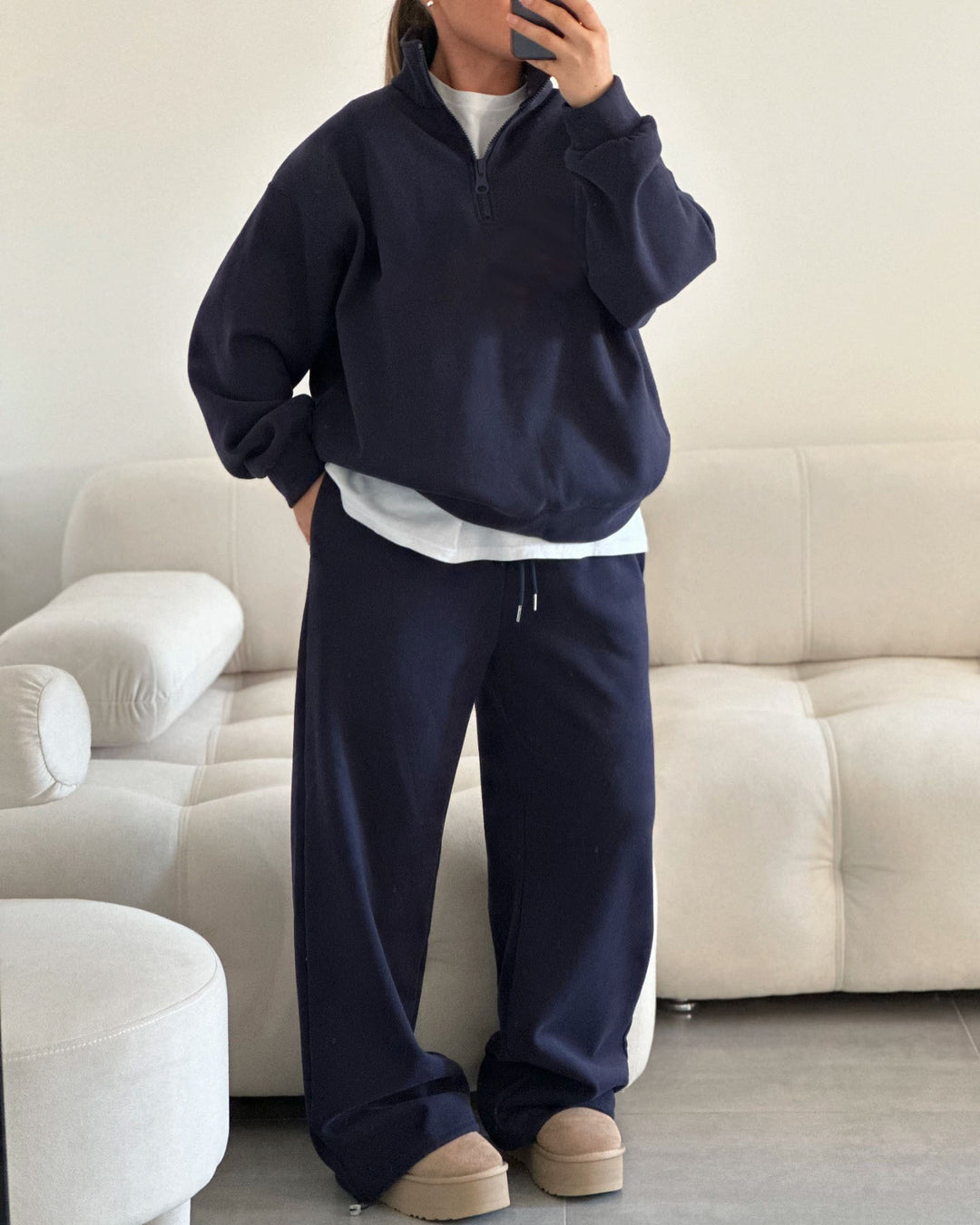 Damen nan Oversize Halbzip-Pullover mit Stehkragen und weitem Lounge-Hose-Set EB