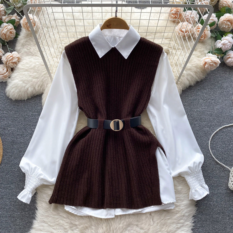 Damen Lagenlook-Bluse mit Rippstrick-Überwurf und Taillengürtel EB