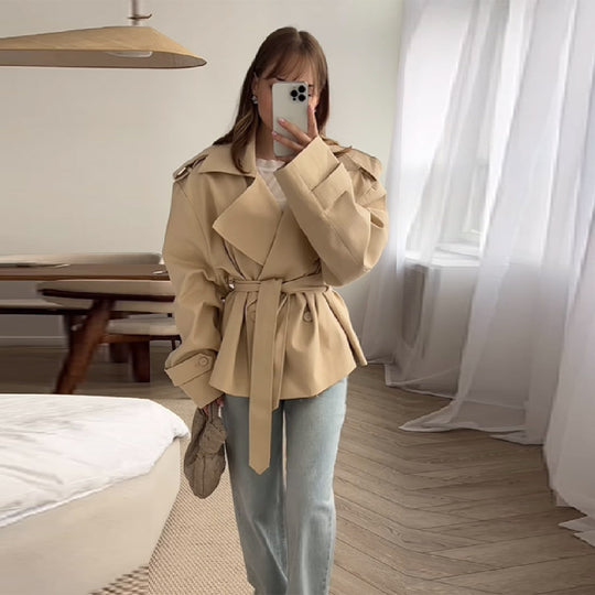 Damen Elegante oversized Trenchjacke mit Gürtel und strukturierten Ärmeln EB