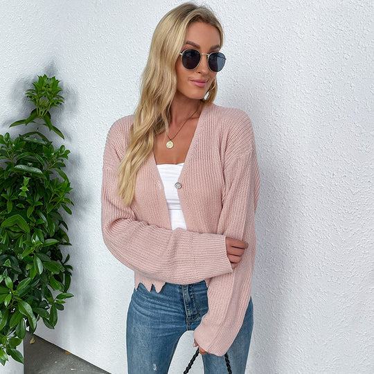 Damen lässiger Strickcardigan mit trendigem V-Ausschnitt und praktischen Taschen EB