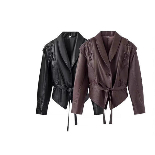Damen Kunstlederjacke mit edlem Bindegürtel und raffinierten Schnürdetails EB