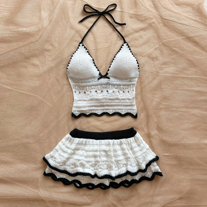Damen Crop-Top und Rock Set mit dekorativem Häkelmuster EB