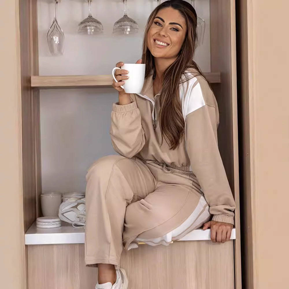 Damen legeres Sweat-Lounge-Set mit halbem Reißverschluss, Kordelzugbund und Kontraststreifen EB