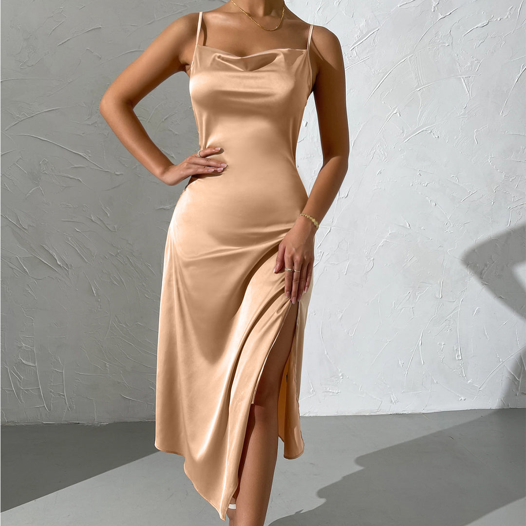 Damen langes Satin-Kleid mit sinnlichem Schlitz EB