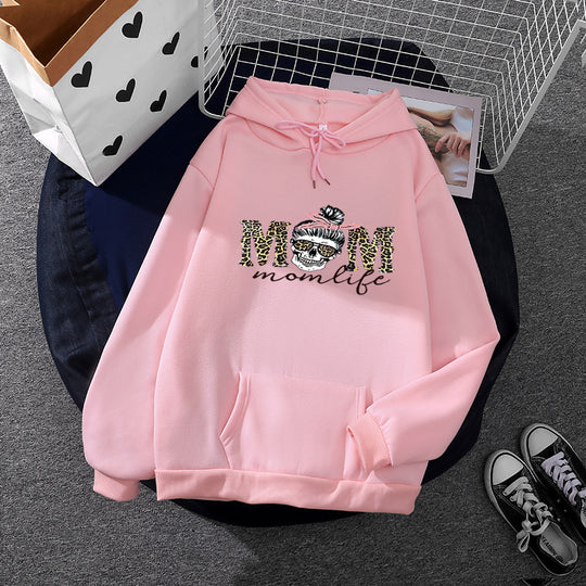 Damen nan Kapuzenpullover mit "Momlife" Skull-Print, Kängurutasche, weichem Fleece-Innenfutter und lockerer Oversize-Passform EB