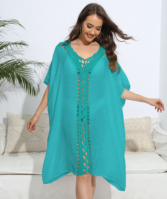Damen luftiger Kaftan mit filigranem Häkelmuster EB