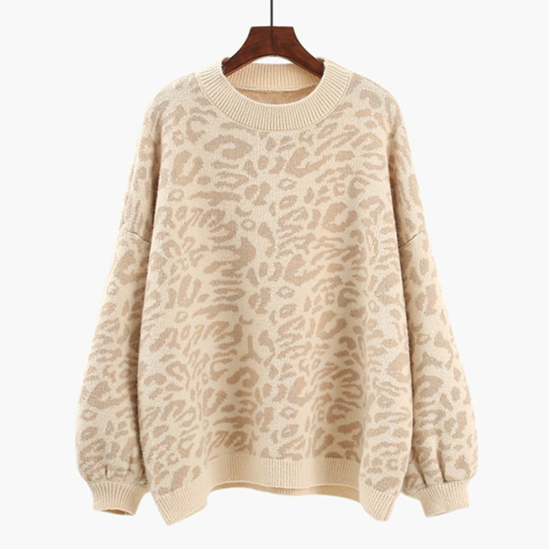 Damen Oversized Strickpullover mit Leopardenmuster und weichem Material EB