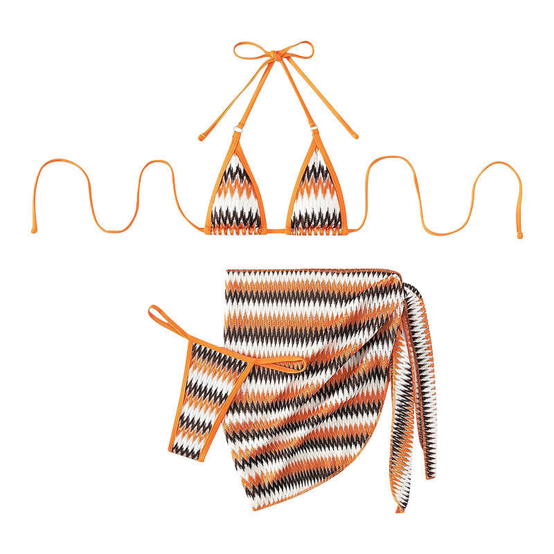 Damen Triangel-Bikini mit modernem Wellenmuster und abnehmbarem Sarong EB