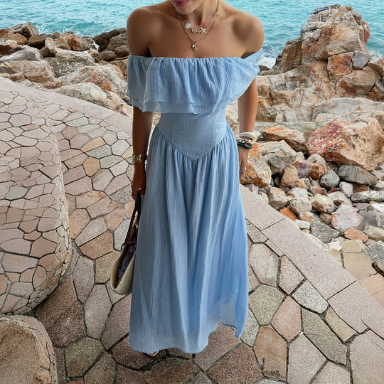 Damen Off-Shoulder Maxikleid mit fließendem Schnitt und Rüschendetails EB