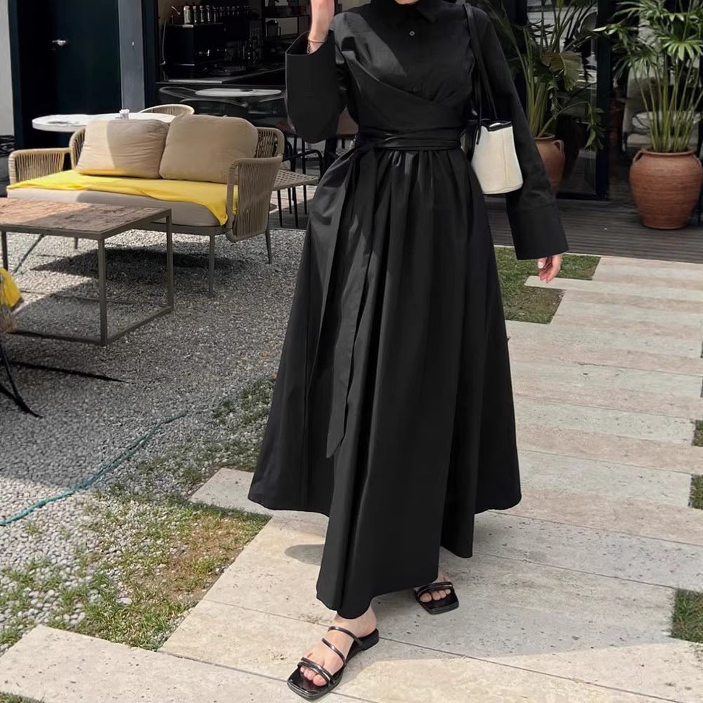 Damen Maxikleid im Hemdblusenstil mit Taillenwickel, weitem Tellerrock und breiten Manschetten EB