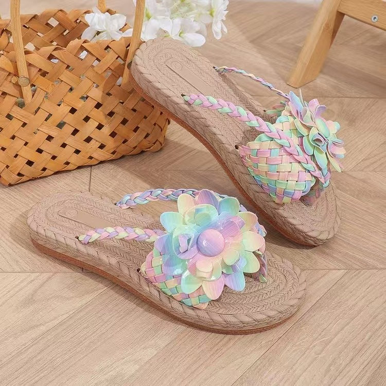 Damen modische Slide-Sandalen mit hochglänzendem Blumendetail EB