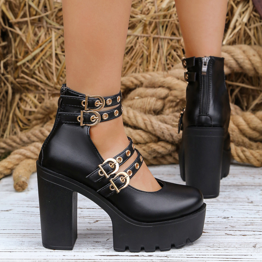 Damen Plateau-Stiefeletten mit verstellbaren Riemen und goldenen Schmuckdetails EB