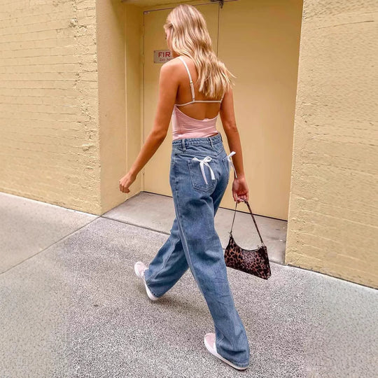 Damen Hoch taillierte Bootcut-Jeans mit weitem Bein und dehnbarer Passform EB
