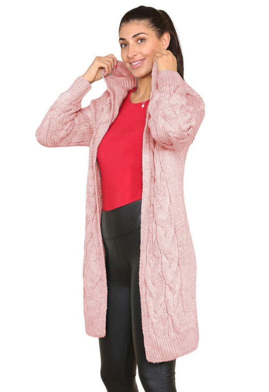 Damen Langer Strickmantel mit elegantem Zopfmuster und Kapuze EB