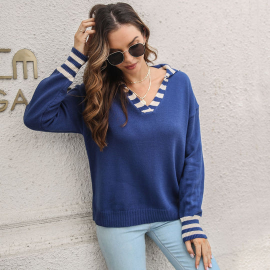 Damen Lässiger Pullover mit V-Ausschnitt und gestreiften Ärmelabschlüssen EB