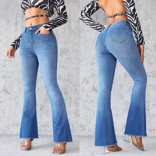 Damen Schlagjeans mit hohem Bund und modischen Fransen EB