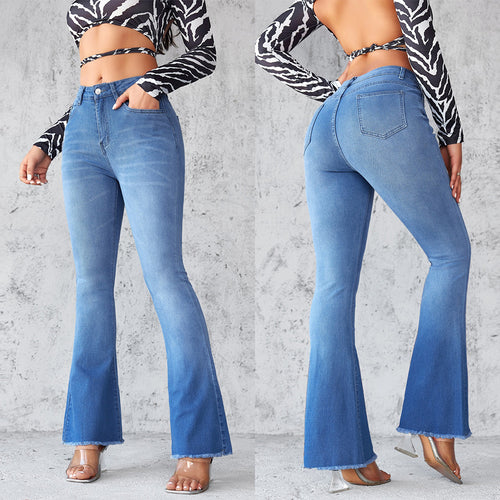 Damen Schlagjeans mit hohem Bund und modischen Fransen EB