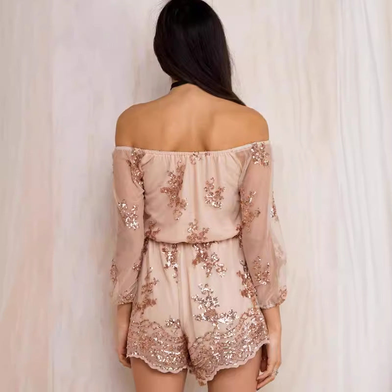 Damen Elegantes Playsuit mit floralen Paillettenverzierungen und off-shoulder Design EB