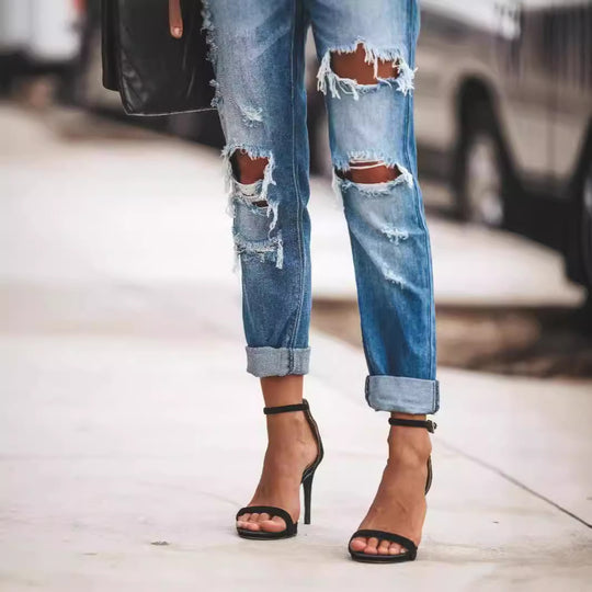 Damen Destroyed Boyfriend Jeans im lässigen Stil mit hohen Rissdetails EB