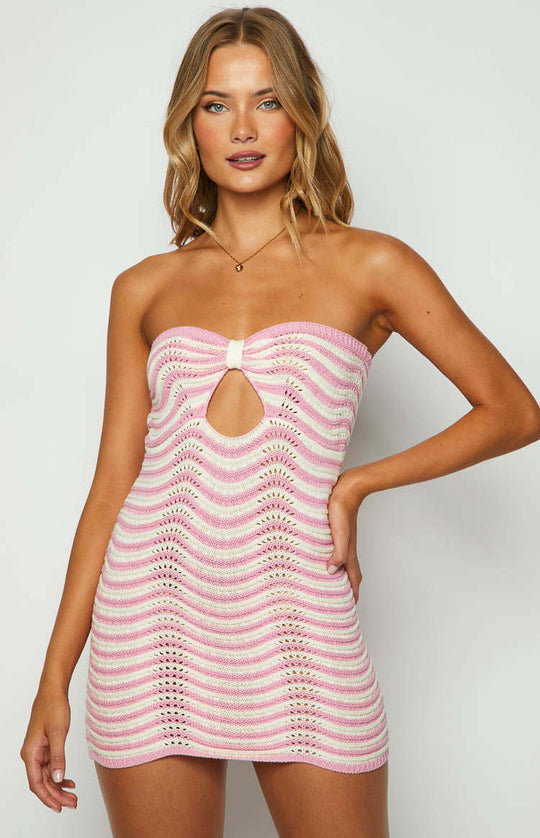 Damen trendiges Mini-Kleid mit offenem Ausschnitt und Wellenmuster EB