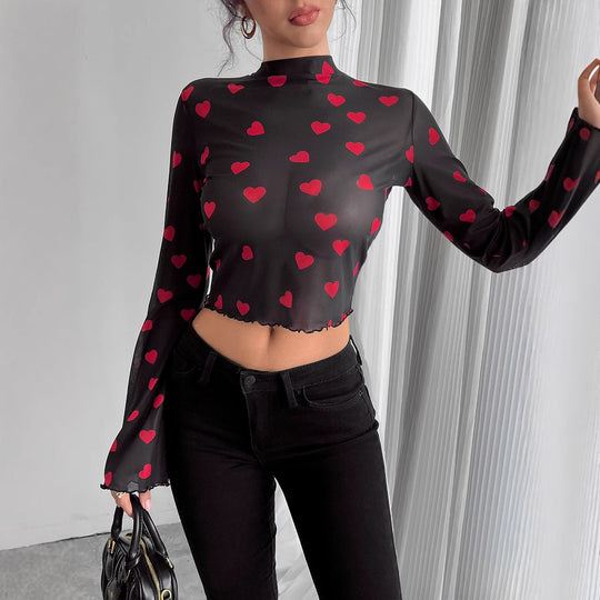 Damen nan transparentes Paisley-Netz-Kurzoberteil mit Stehkragen, Trompetenärmeln und gewelltem Saum EB
