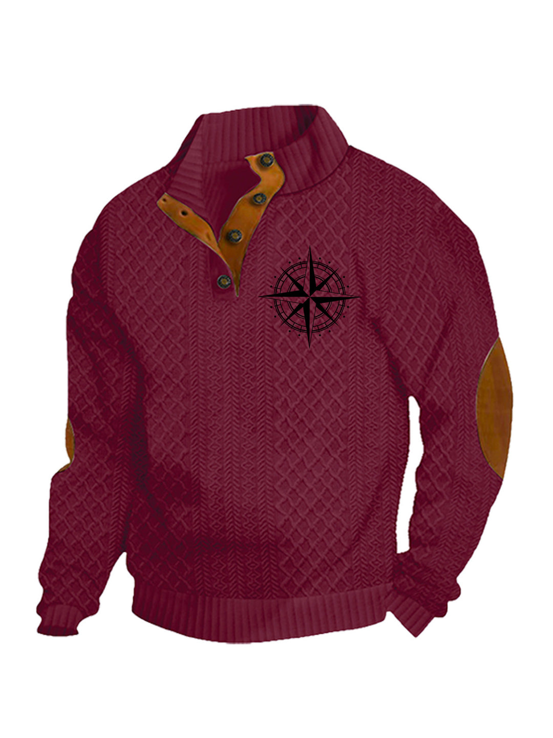 Herren nan Heritage-Strukturpullover mit Stehkragen Lederimitat-Besatz Ellenbogen-Patches und Halbknopfleiste EB