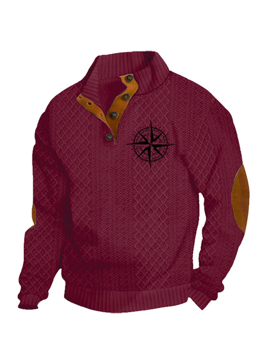 Herren nan Heritage-Strukturpullover mit Stehkragen Lederimitat-Besatz Ellenbogen-Patches und Halbknopfleiste EB