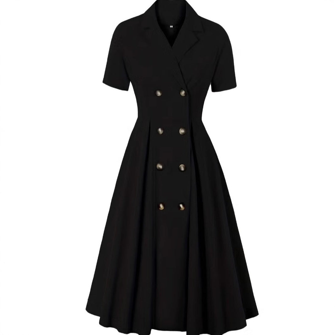 Damen elegantes Midikleid mit doppelter Knopfleiste und schwingendem Rock EB