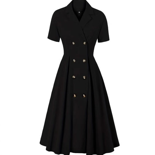 Damen elegantes Midikleid mit doppelter Knopfleiste und schwingendem Rock EB