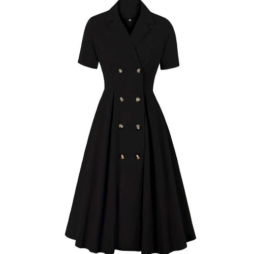 Damen elegantes Midikleid mit doppelter Knopfleiste und schwingendem Rock EB