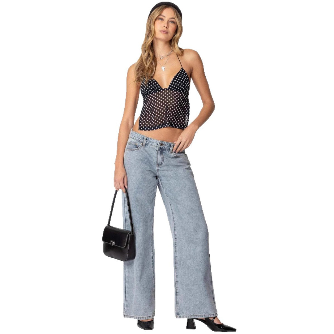 Damen Transparente Bluse mit Punktmuster und dehnten Trägern EB