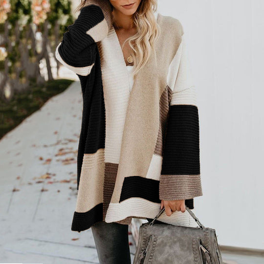 Damen lässige Strickjacke mit modischem Streifenmuster EB