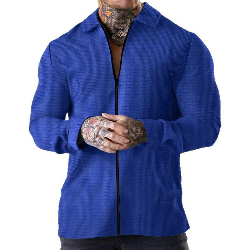 Herren nan strukturierte Zip-Hemdjacke aus Waffelstrick mit Kentkragen und schmaler Silhouette EB