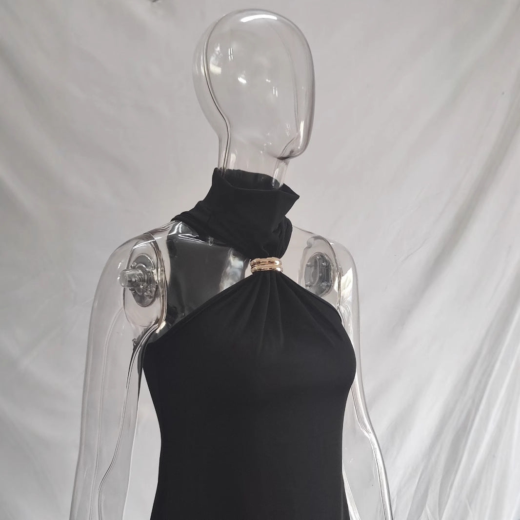 Damen elegantes Minikleid mit hohem Kragen und Details aus satinierter Textur EB